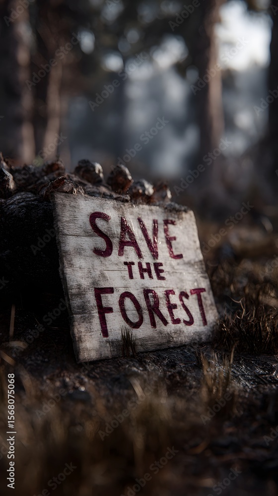 Poster protest sign calling to save the forest in a natural setting