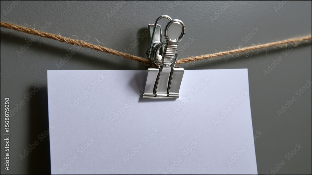 Aufkleber creative presentation of blank paper with clip on twine string minimalist setting still life photogr