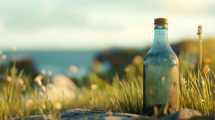 Old glass bottle in grass by seaside at sunset