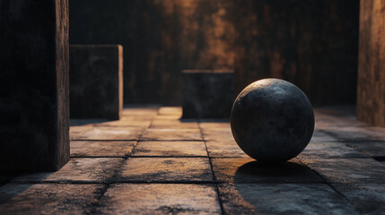Geometric forms in a dimly lit stone room