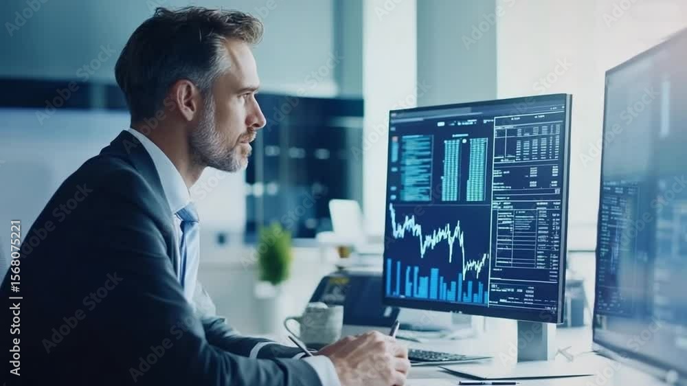 Poster focused stock broker analyzing financial data on computer screens in modern office