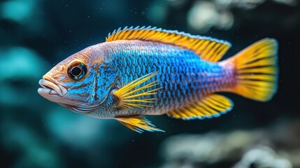 Fototapeta premium Colorful, striped fish swims in deep blue water