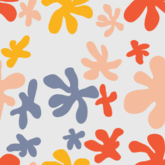 Colorful abstract design featuring organic shapes in orange, yellow, blue, and peach tones. Ideal for backgrounds, textiles. Vector seamless pattern