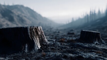 A barren desolate hill dotted with weathered tree stumps and ashes under a gloomy gray sky