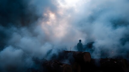 Silhouetted figure in a smoky dramatic landscape