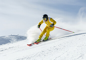 Downhill skier racing down a snowy mountain slope