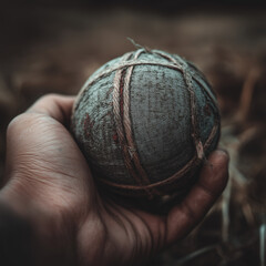 Hand holding a weathered ball wrapped in string