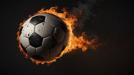Fototapeta premium Fiery soccer ball in motion, engulfed in flames against a dark background. Perfect for sports, energy, or competition themes.