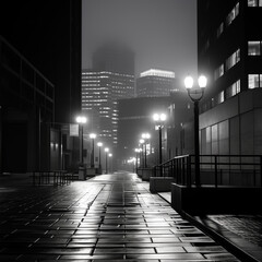 Empty city street at night in black and white