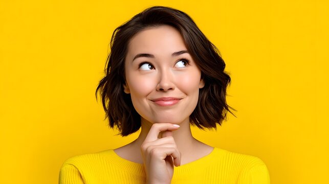 Smiling woman with brown hair looking thoughtfully against a yellow background.
