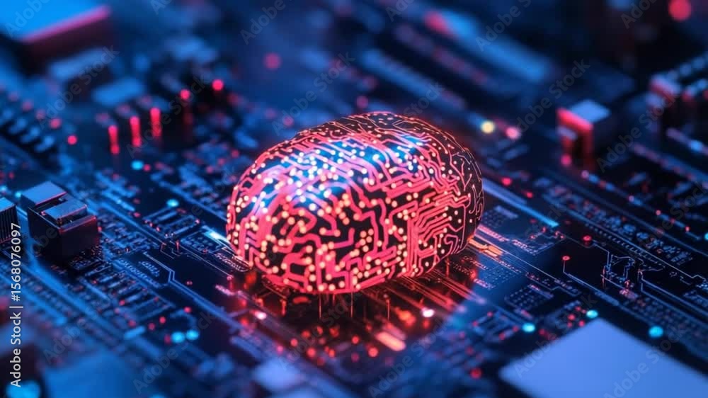 Poster artificial intelligence brain connection on circuit board, futuristic technology concept