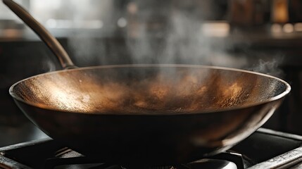 Empty wok on a gas stove, steam rising.