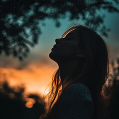 Silhouette of woman at sunset under starry sky