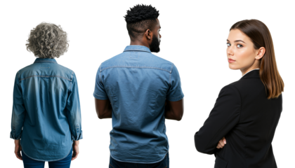 Group of three diverse people isolated on transparent background. Young caucasian woman in a suit looks back, while an older woman and a black man face away.