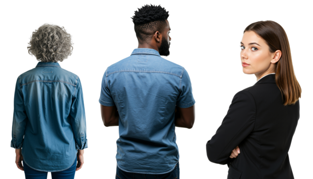 Group of three diverse people isolated on transparent background. Young caucasian woman in a suit looks back, while an older woman and a black man face away.