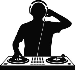 Dj silhouette with headphones playing turntables isolated on transparent background