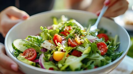 Hands holding bowl of colorful salad with greens, tomato, and feta cheese, sunny day