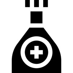A black silhouette icon of a medicine bottle with a cap and a circular label containing a white plus sign.