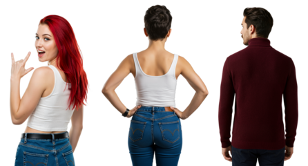 Set of three young people from behind. Woman with red hair looks back making a rock sign. Man and woman from the back on a transparent background.