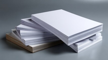 Stacked blank paper sheets display studio setting photography minimalist environment top-down view office supplies