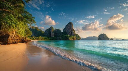 Golden sand beach clear turquoise ocean with gentle waves Towering limestone karsts tropical green