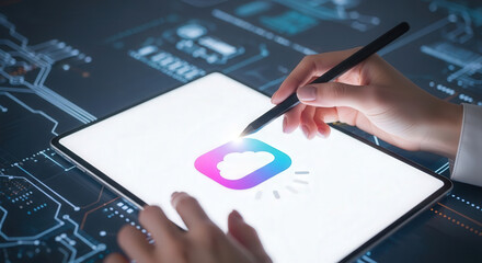 Interaction with digital hologram on tablet display in modern technology interface
