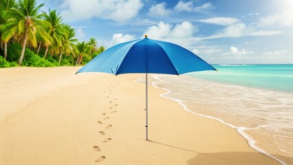 Fototapeta premium Blue umbrella on a sandy beach with palm trees and ocean waves.