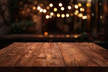 Detailed Image of Striped Wooden Brown Tabletop on Glowing Cafe at Night