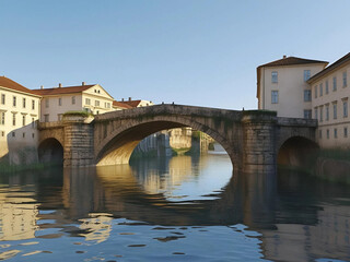 Fototapeta premium the reflection of the stone bridge and classic buildings in the calm water that divides the old European-style city