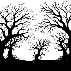 Spooky Bare Trees Silhouette in Haunted Forest, Eerie Woodland Scene with Gnarled Branches and Fog, 
Halloween Night: Dark Forest with Creepy Silhouettes.