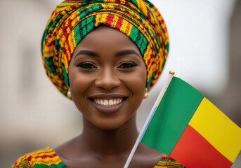 Joyful Beninese woman celebrating in traditional attire. Benin Independence day