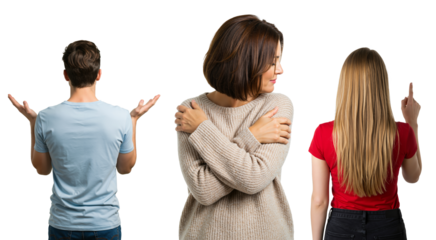 A composite image of three people expressing different emotions. A confused man with his back turned, a defensive woman hugging herself, and a young woman pointing her finger.