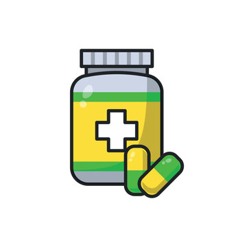 Illustration of medicine bottle and capsules suitable for healthcare, pharmacy, medical websites, or health promotion.