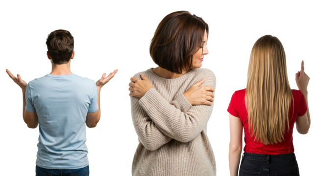 A composite image of three people expressing different emotions. A confused man with his back turned, a defensive woman hugging herself, and a young woman pointing her finger.