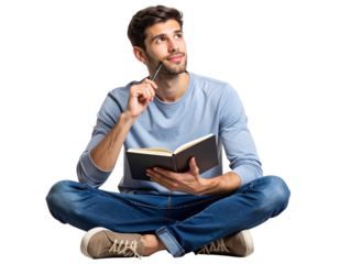 Young Man Sitting Cross-Legged with Thoughtful Expression, Notebook on Lap – Transparent PNG.