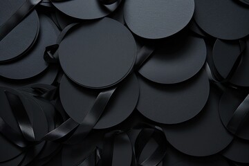 Detailed Color Picture of Pyramid of Circular Pieces of Black Paper and Ribbon