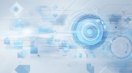 A pale blue, futuristic, and technological background with abstract geometric shapes and digital elements