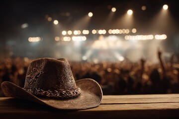 Country Music Concert Cowboy Hat on Stage, Crowd Roars