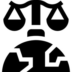 Line icon depicting international law with globe and justice scale elements. Ideal for illustrating legal systems, human rights, treaties, and global governance. Perfect for legal firms, educational m