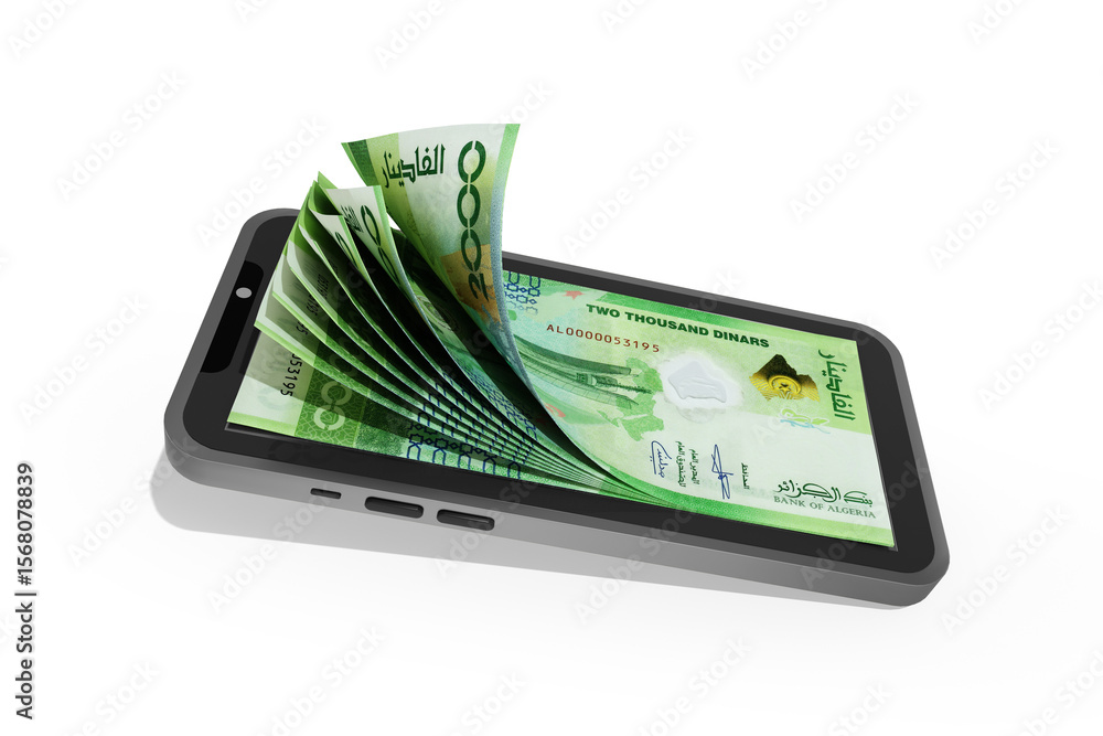 Poster 3d rendering of 2000 algerian dinar notes inside a mobile phone isolated on transparent background. 