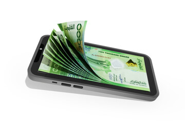 3D rendering of 2000 Algerian dinar notes inside a mobile phone isolated on transparent background. money coming out of mobile phone