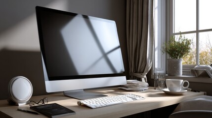 Fototapeta premium Home office setup modern workspace digital environment natural light contemporary design productivity focus