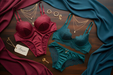 Elegant lingerie sets with gold jewelry on wooden table