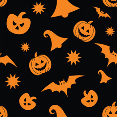 Seamless Halloween pattern with pumpkins, bats and witch hats on black background