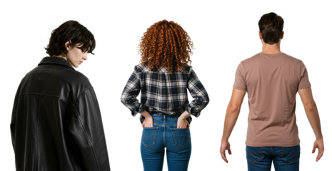 Group of three diverse young adults from the back. A woman with short hair in a leather jacket, a redhead in a plaid shirt, and a man in a t-shirt, isolated on a transparent background.