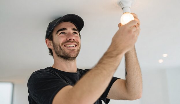 Happy Electrician Installing LED Light Bulb Home Improvement Project