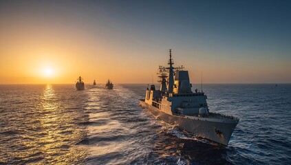 Obraz premium Majestic Warships at Sunset Naval Fleet in Formation on the Open Ocean