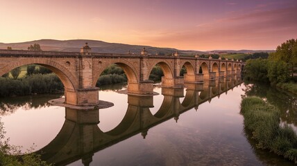 Fototapeta premium Reina. Ancient Arched Bridge Reflected in Calm River at Sunset, Spain