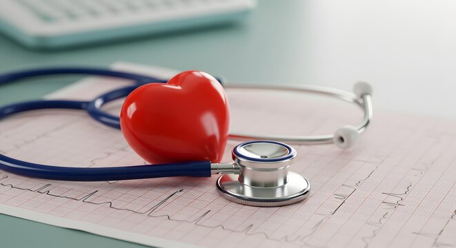 Heart Health Stethoscope, EKG, and Red Heart Symbol - Powered by Adobe