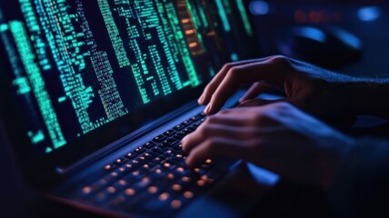 Close-up of hands typing on keyboard with code on screen – cybersecurity concept